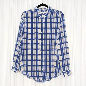 Tucker NYC Brooklyn Button Down Shirt Royal Plaid in Crepe de Chine Silk Top